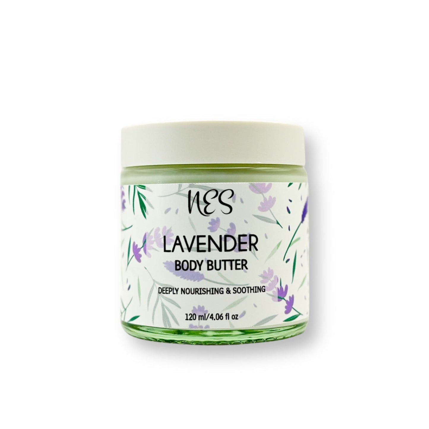 Lavender body butter in a glass jar with lavender illustrations – vegan, deeply hydrating skincare from NES Soap NZ.