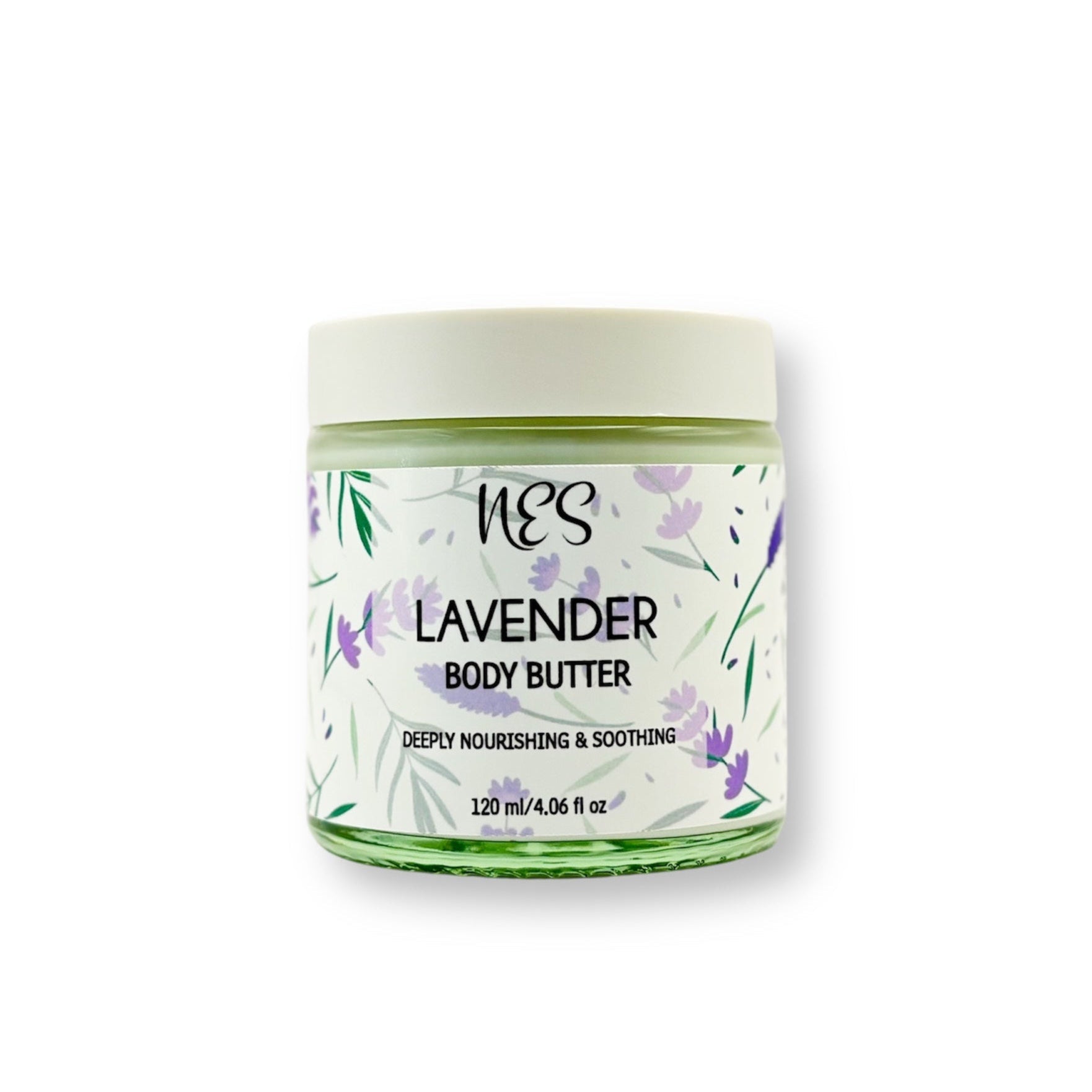 Lavender body butter in a glass jar with lavender illustrations – vegan, deeply hydrating skincare from NES Soap NZ.