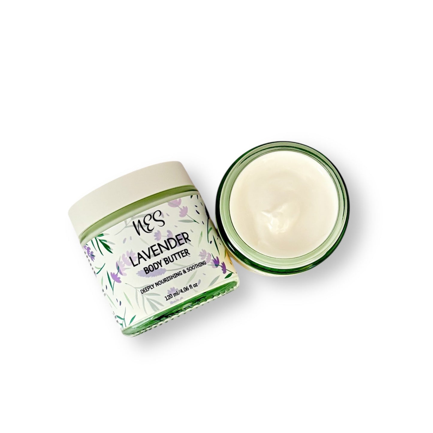 Open NES Lavender Body Butter jar showing rich, creamy texture – nourishing, vegan skincare for dry and sensitive skin.