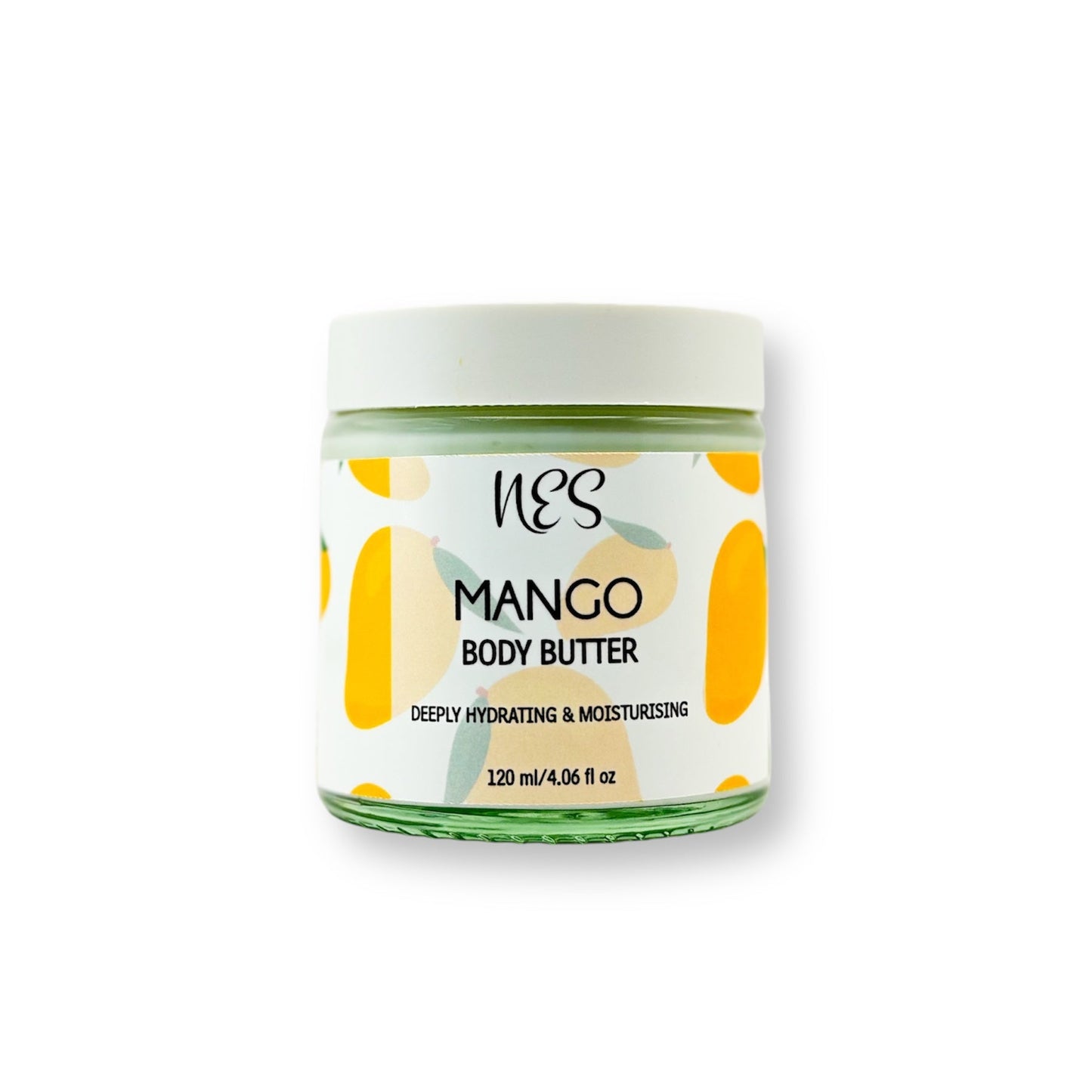 Mango body butter in a glass jar with mango illustrations – vegan, deeply hydrating skincare from NES Soap NZ.