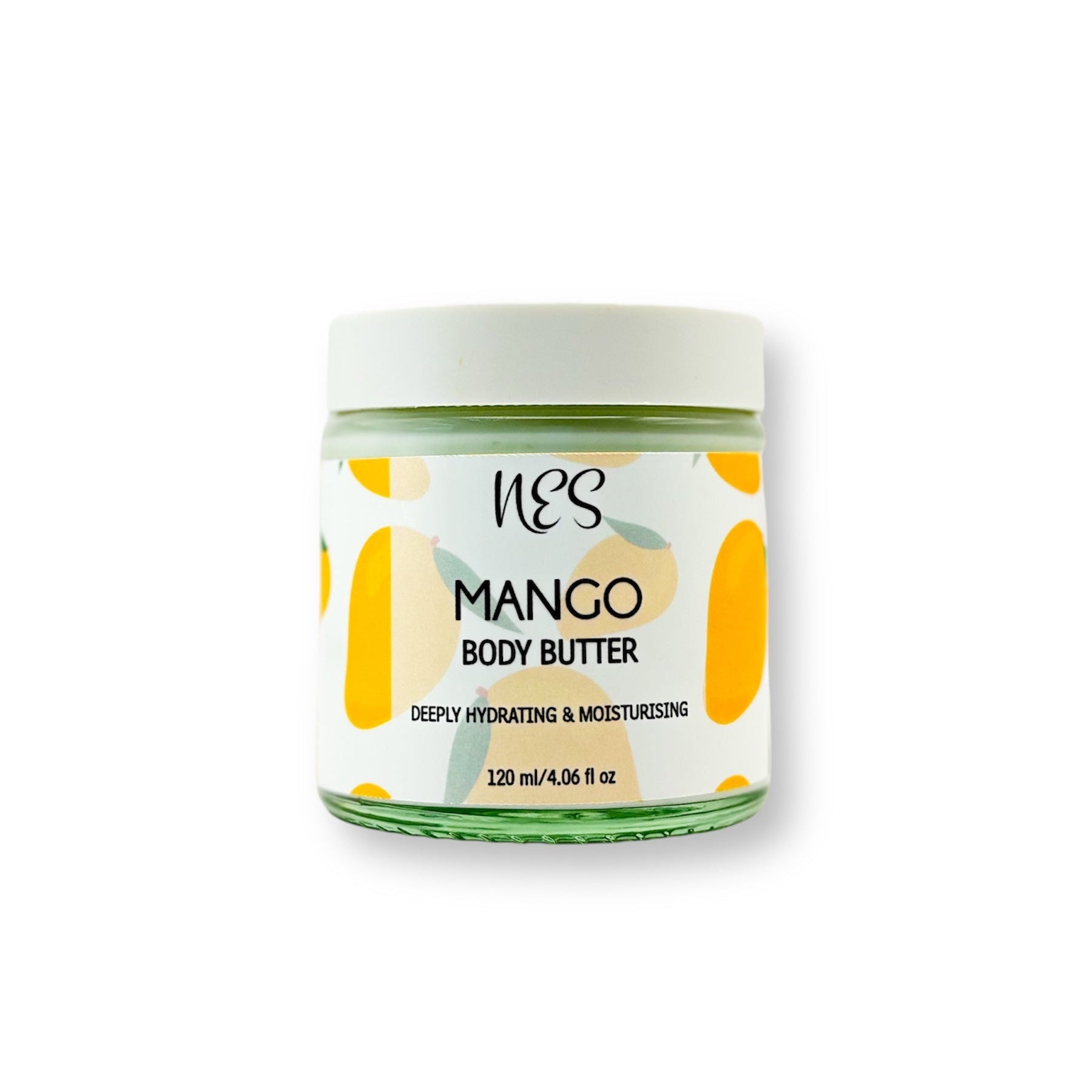 Mango body butter in a glass jar with mango illustrations – vegan, deeply hydrating skincare from NES Soap NZ.