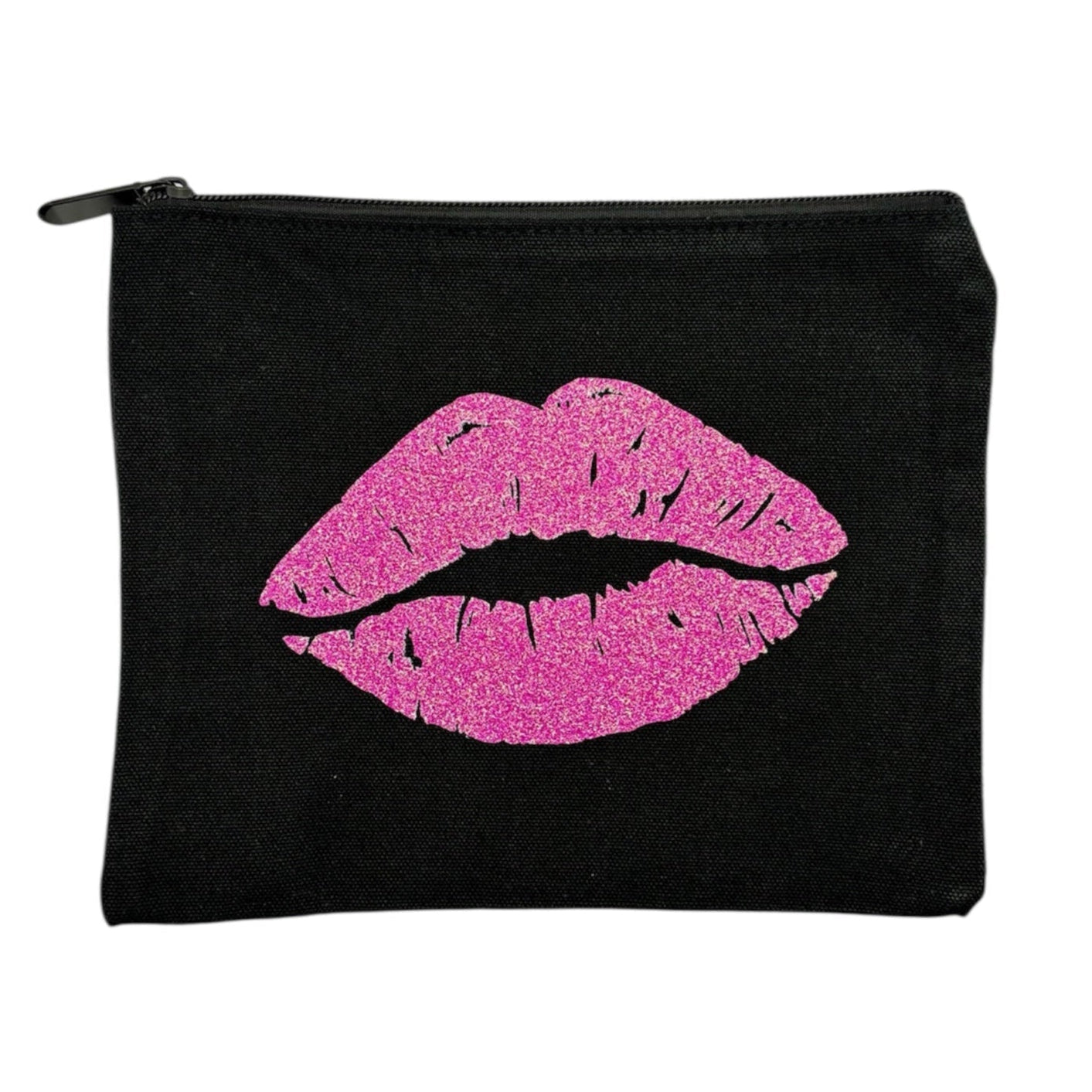 NES Soap black zippered beauty bag featuring bold pink glitter lips – perfect for makeup or daily essentials. Handprinted in Dunedin, NZ.