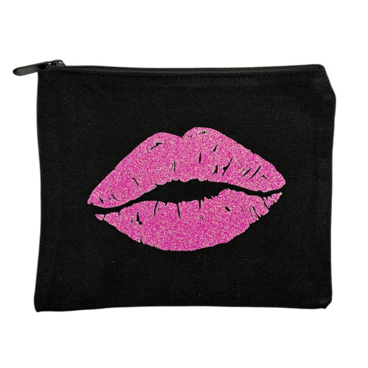 NES Soap black zippered beauty bag featuring bold pink glitter lips – perfect for makeup or daily essentials. Handprinted in Dunedin, NZ.