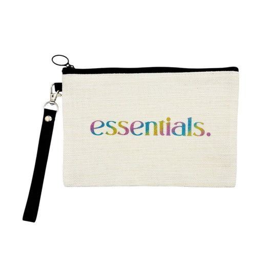NES Soap canvas essentials beauty bag with multicolour “essentials” text and black zipper – eco-friendly and reusable.