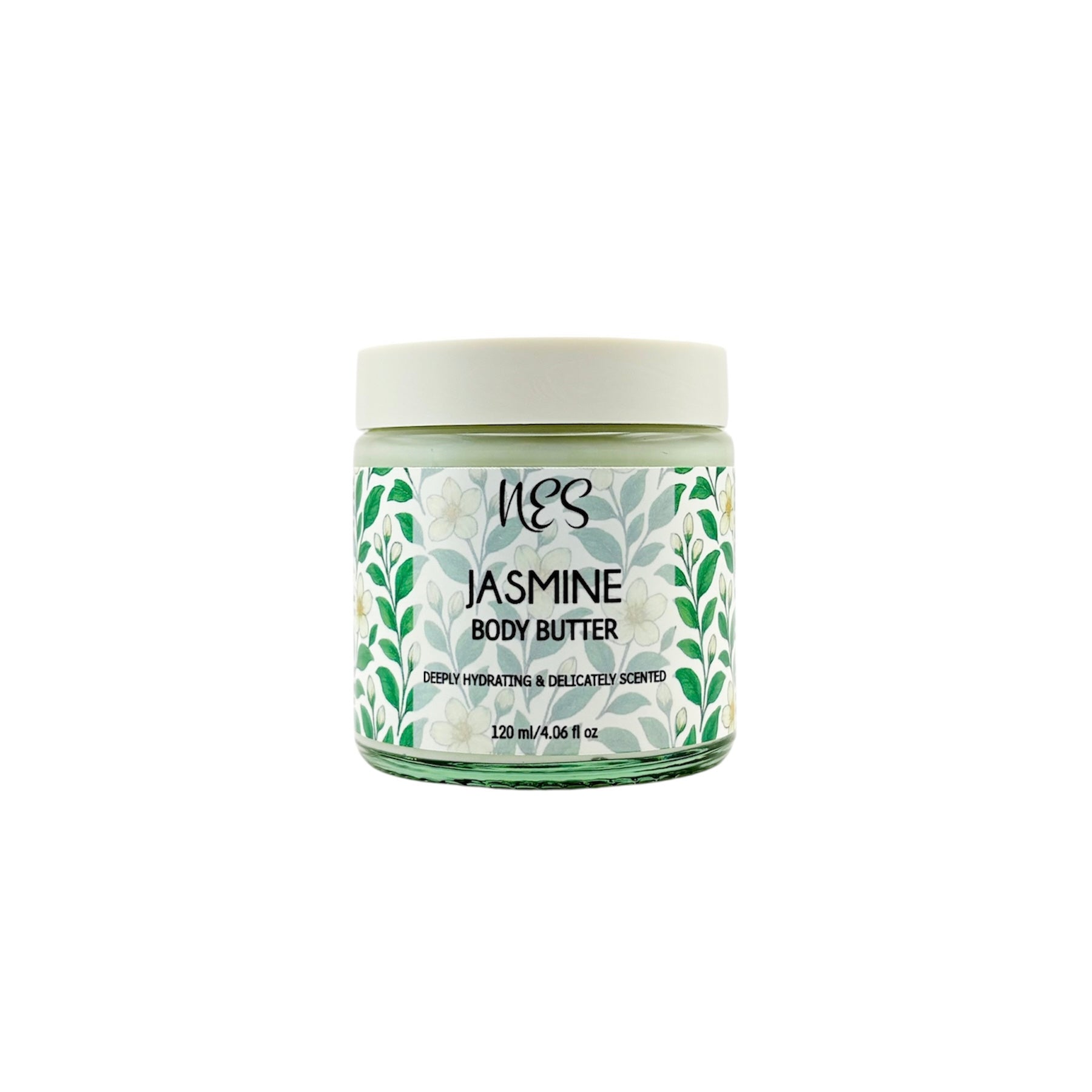 NES Jasmine Body Butter in glass jar, deeply hydrating, delicately scented, vegan and cruelty-free skincare handcrafted in Dunedin, New Zealand.