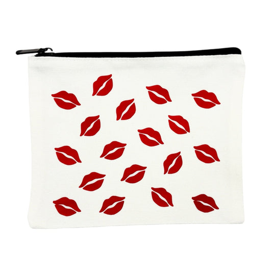 NES Soap canvas beauty bag with scattered red kiss prints – stylish and reusable for everyday essentials. Handprinted in Dunedin, NZ.