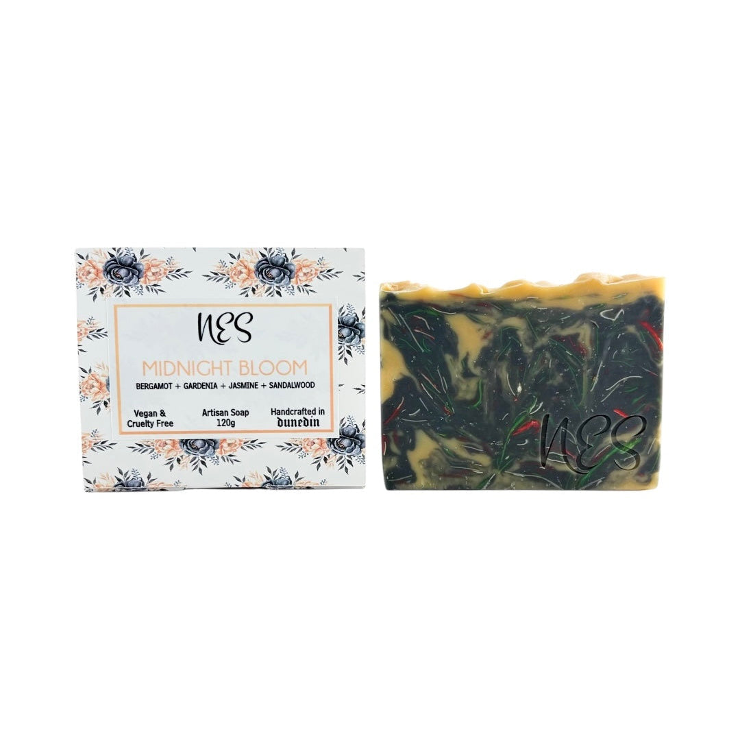 NES Midnight Bloom soap bar with floral packaging - vegan, cruelty-free, handcrafted in Dunedin, New Zealand.