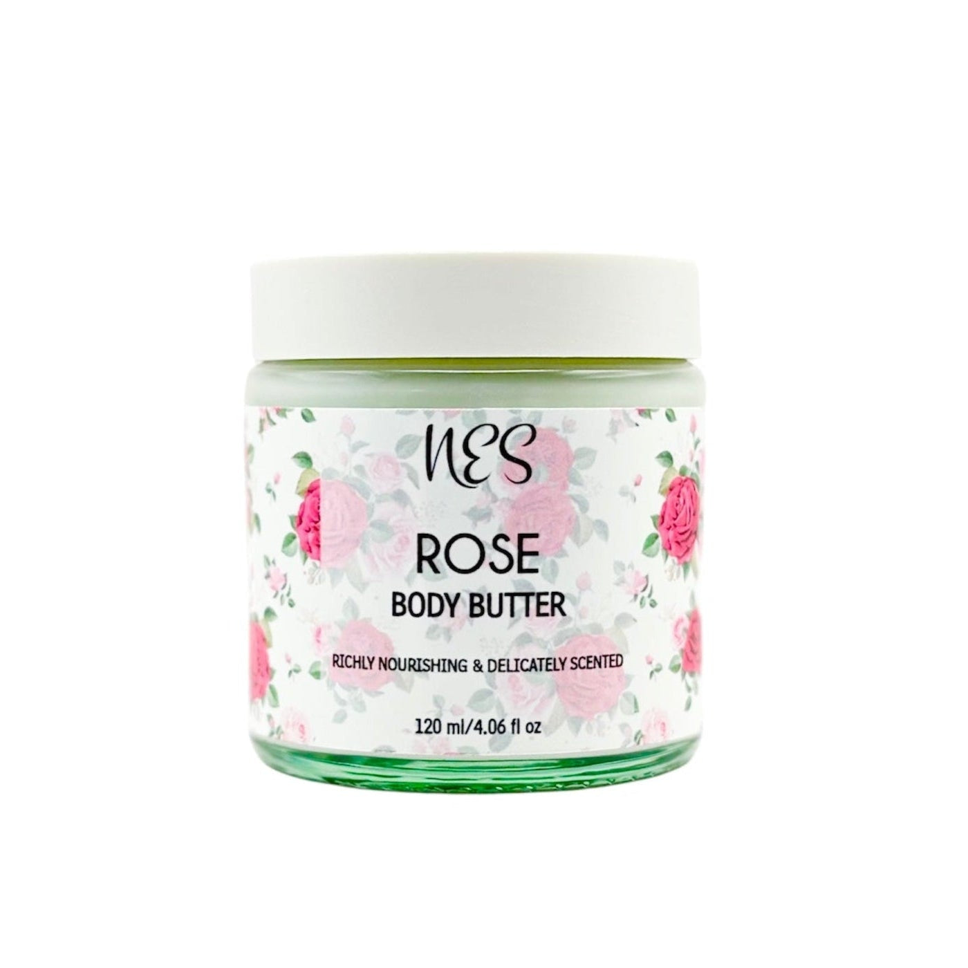 NES Rose Body Butter in 120ml glass jar with floral label – front view