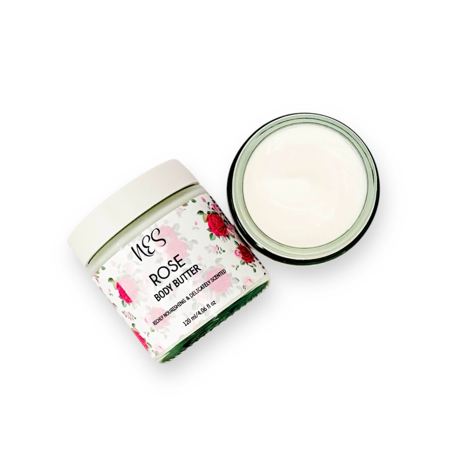 Open NES Rose Body Butter showing creamy texture and floral label design