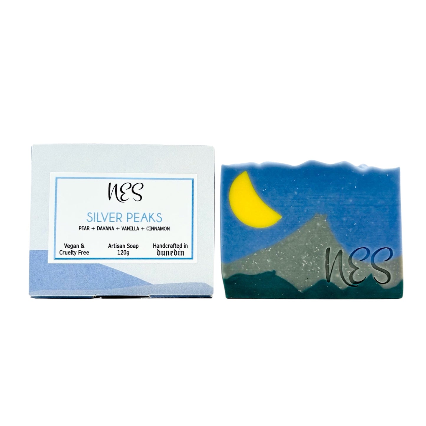 NES Soap’s Silver Peaks artisan soap with eco-friendly packaging, scented with pear, davana, vanilla, and cinnamon, handcrafted in Dunedin, New Zealand.