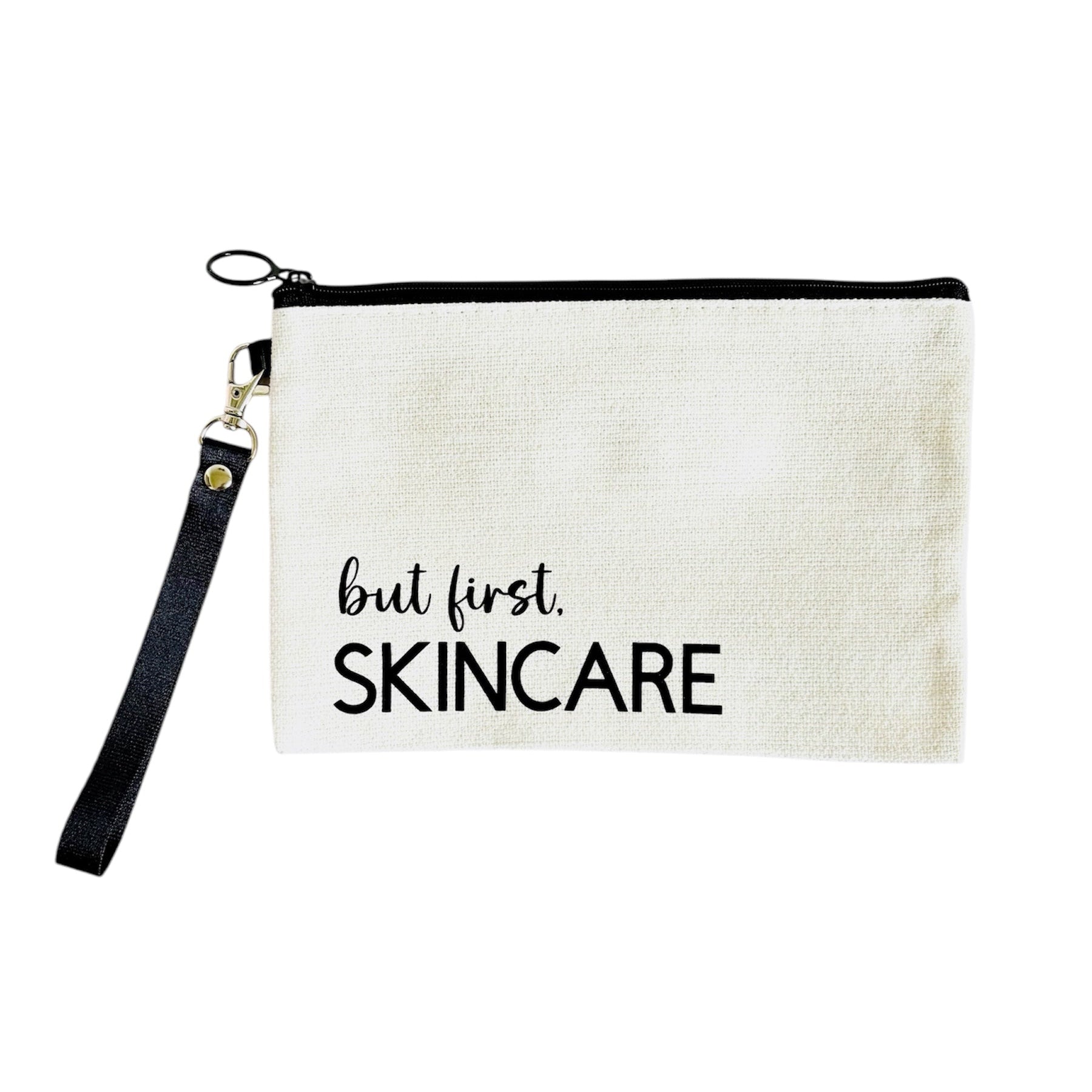 NES Soap 100% cotton beauty bag with black zipper and strap, handprinted with ‘but first, SKINCARE’ in Dunedin, NZ