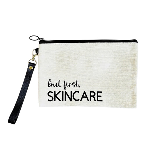 NES Soap 100% cotton beauty bag with black zipper and strap, handprinted with ‘but first, SKINCARE’ in Dunedin, NZ