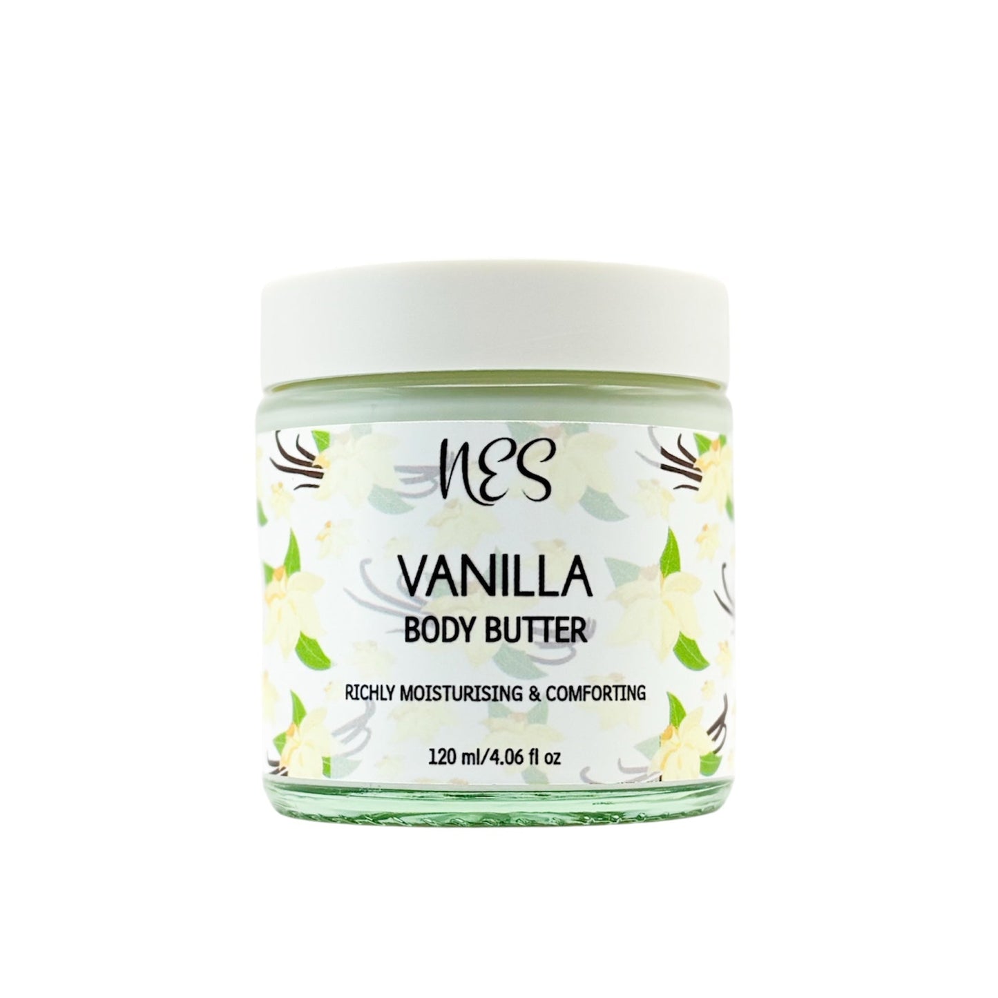 Front view of NES Soap vanilla body butter in glass jar with label visible. Vegan, cruelty-free skincare made in New Zealand.