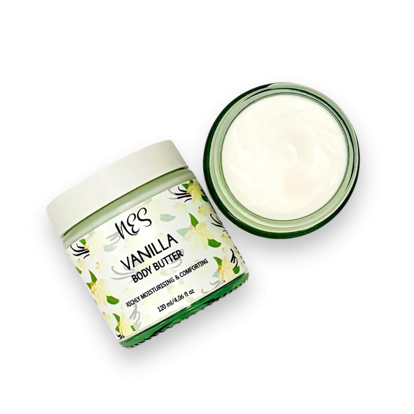 Vanilla body butter by NES Soap in an open jar, showing creamy texture. Vegan, cruelty-free, and made in Dunedin, New Zealand.