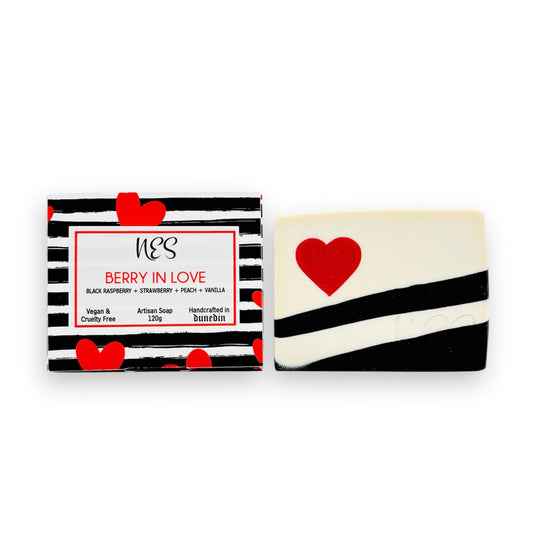 Berry in Love artisan soap, black raspberry and vanilla soap with packaging – handcrafted in Dunedin, NZ, featuring a heart design and fruity fragrance blend.