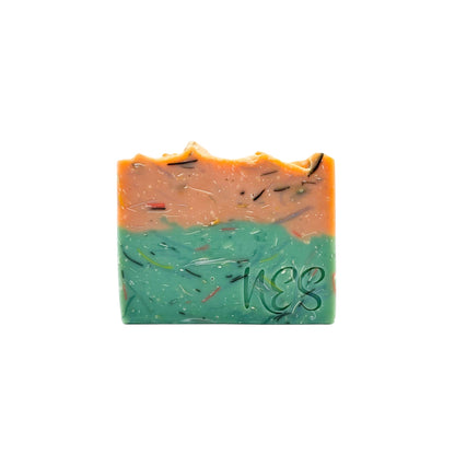 Handcrafted Fruit Pop soap bar by NES Soap featuring layers of orange and green with fruit-inspired scent – vegan and cruelty-free