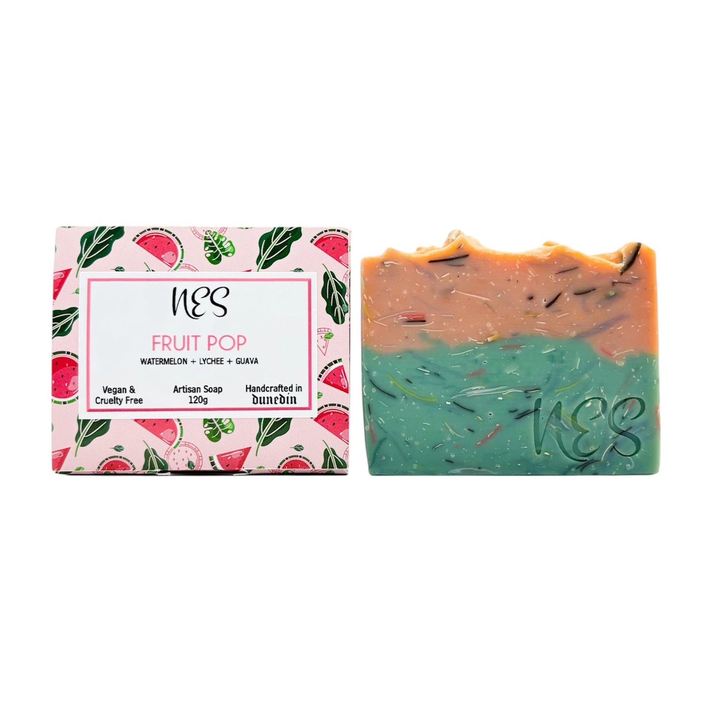 Fruit Pop vegan artisan soap by NES Soap with watermelon, lychee, and guava scent – handmade and packaged in Dunedin, NZ