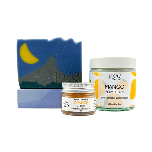 NES Soap Mother's Day gift set includes Silver Peaks Artisan Soap, Mango Body Butter, Orange Lip Balm. Vegan & Cruelty Free, Handmade in Dunedin, NZ.