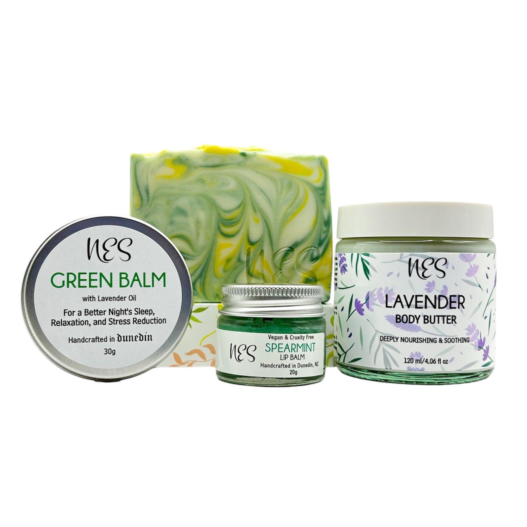 NES Mother's Day Gift Set includes Gingergrass Soap, Lavender Body Butter, Spearmint Lip Balm, and Green Balm (Relaxing Balm). Vegan & Cruelty Free, handmade in Dunedin, NZ.