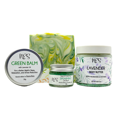 NES Mother's Day Gift Set includes Gingergrass Soap, Lavender Body Butter, Spearmint Lip Balm, and Green Balm (Relaxing Balm). Vegan & Cruelty Free, handmade in Dunedin, NZ.