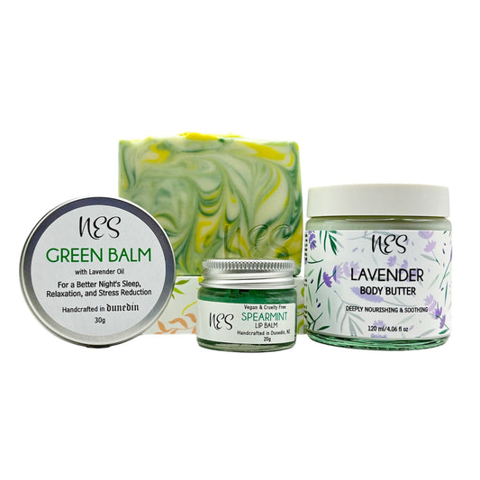 NES Mother's Day Gift Set includes Gingergrass Soap, Lavender Body Butter, Spearmint Lip Balm, and Green Balm (Relaxing Balm). Vegan & Cruelty Free, handmade in Dunedin, NZ.