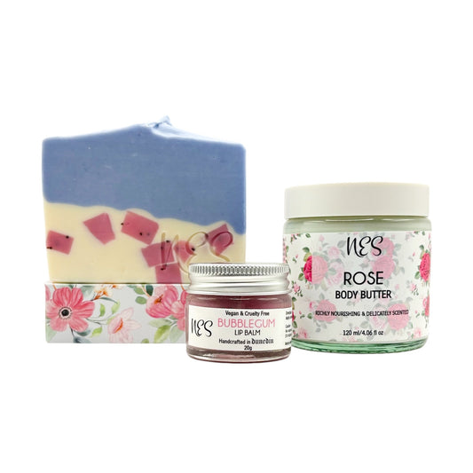 NES Mother's Day gift set includes Rosewood artisan soap, Rose body butter, and bubblegum lip balm. Vegan & Cruelty Free, handmade in Dunedin, NZ.