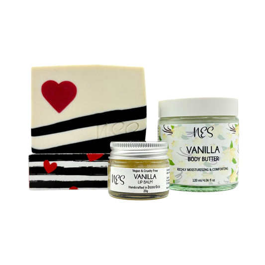 NES Mother's Day gift set includes Berry in Love Artisan Soap, Vanilla Body Butter, and Vanilla Lip Balm. Vegan & cruelty free, handmade in Dunedin, NZ.