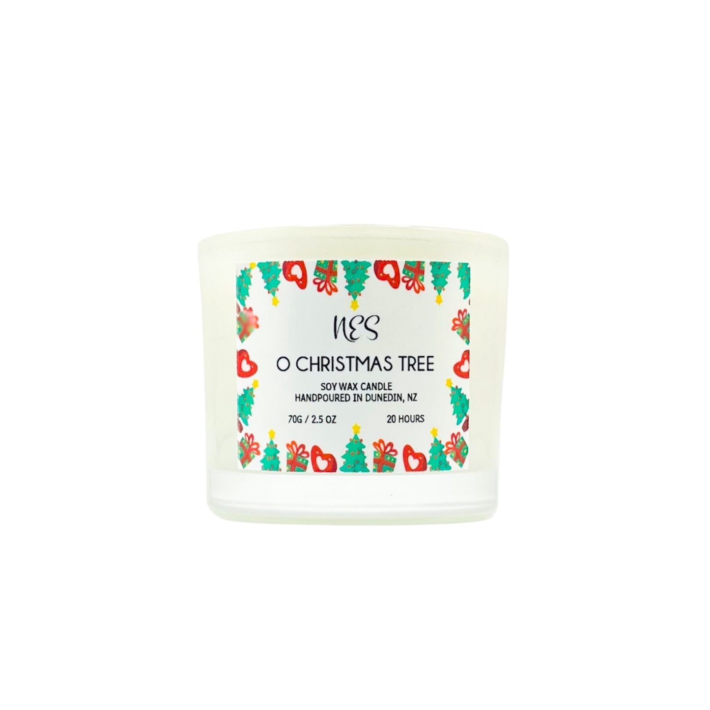 O Christmas Tree candle with a festive label on a white background. Handpoured soy wax wood wick in Dunedin, NZ by NES Soap