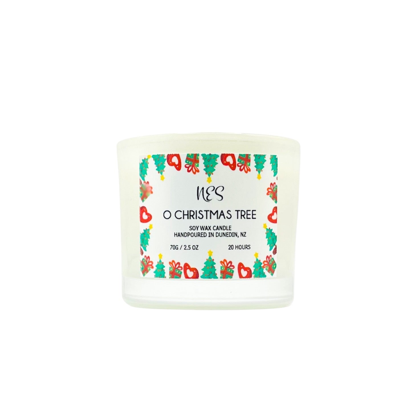 O Christmas Tree candle with a festive label on a white background. Handpoured soy wax wood wick in Dunedin, NZ by NES Soap
