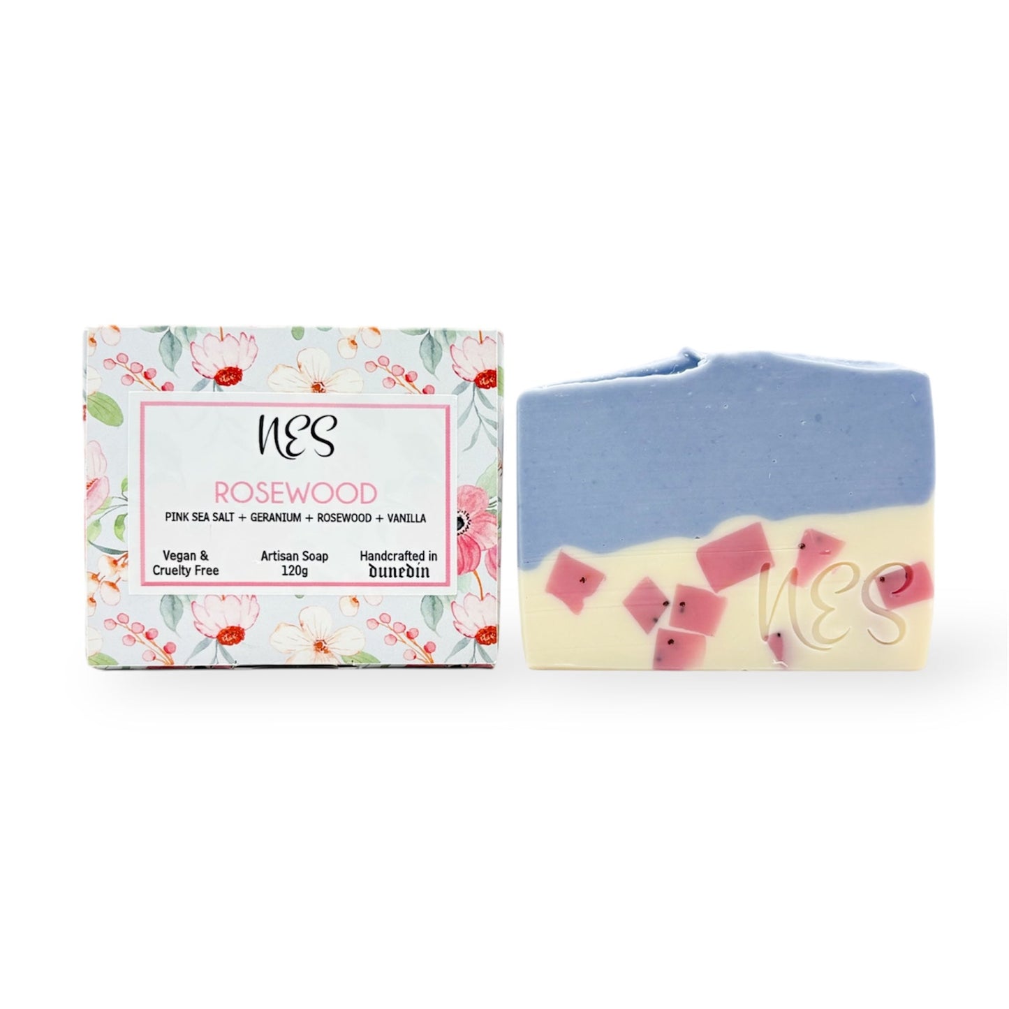 NES Rosewood soap bar and floral packaging – vegan, cruelty-free, and handmade with pink sea salt, geranium, rosewood, and vanilla. Crafted in Dunedin by NES Soap NZ.