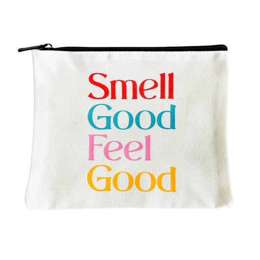 White NES Soap canvas beauty bag with vibrant ‘Smell Good Feel Good’ quote in red, blue, pink, and yellow. Handprinted in Dunedin, NZ