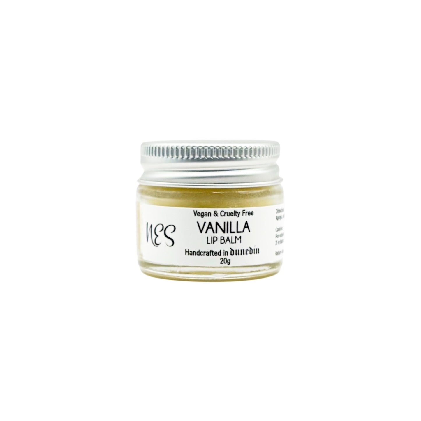 NES Soap Vanilla Lip Balm in a glass jar with aluminium lid. Vegan & cruelty free, handmade in Dunedin, NZ.