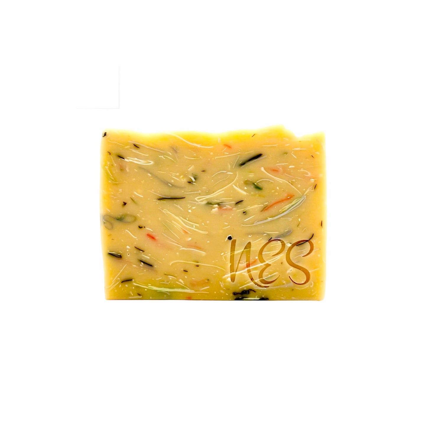 Front view of NES Wild Orchard Artisan Soap – a golden bar swirled with natural colors and stamped with the NES logo.