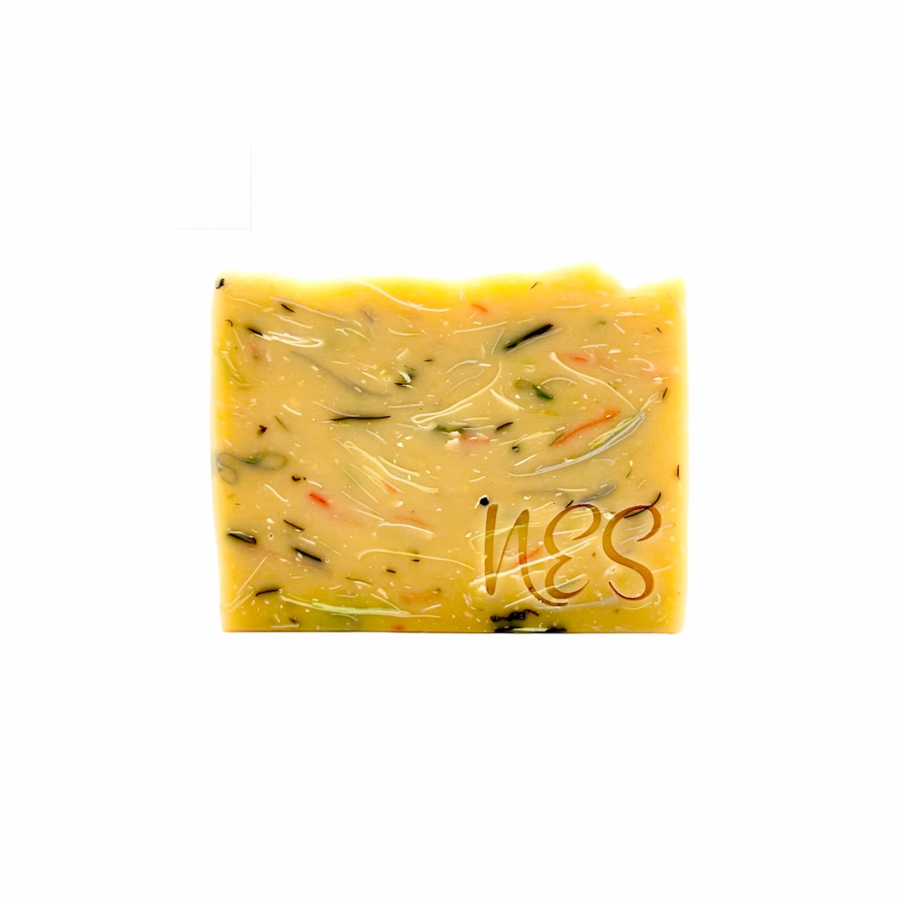 Front view of NES Wild Orchard Artisan Soap – a golden bar swirled with natural colors and stamped with the NES logo.